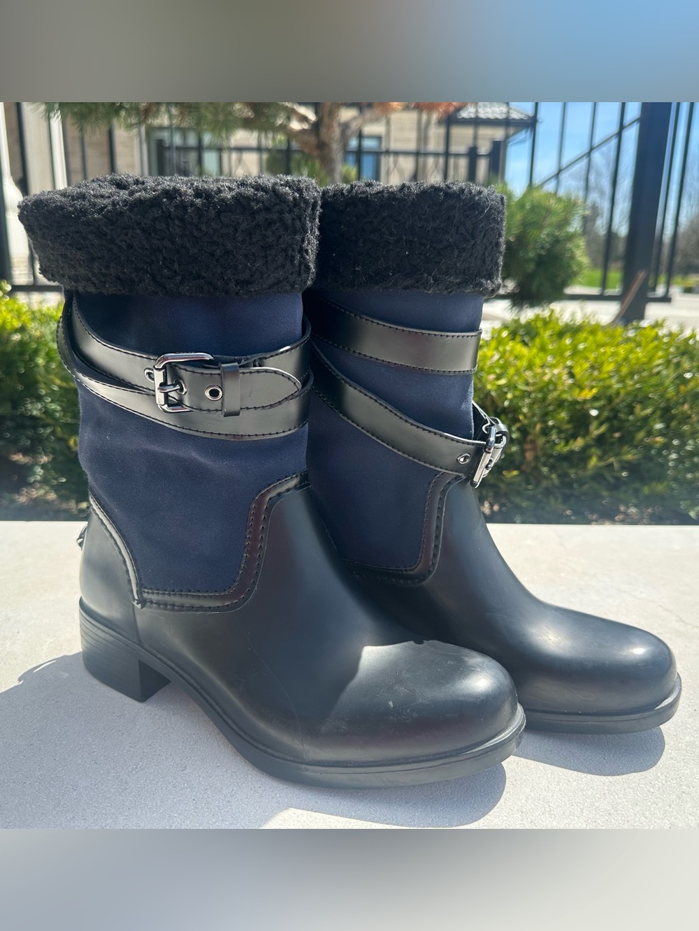 Coach Zena Black Rubber Leather Shearling Blue Suede Winter Rain Boots (Size 38)